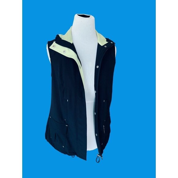 ZENERGY CHICO'S LADIES NAVY GREEN SLEEVELESS HOODED SNAP ZIP POCKETS VEST EUC S - Picture 9 of 9